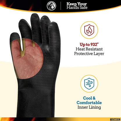 Mountain Grillers Extreme Heat Resistant Gloves for Grill BBQ High Temperature Fire Pit Gloves Barbecue Cooking, Smoker, Oven, Fryer, Grilling Waterproof, Fireproof Oil Resistant Neoprene Coating 14in