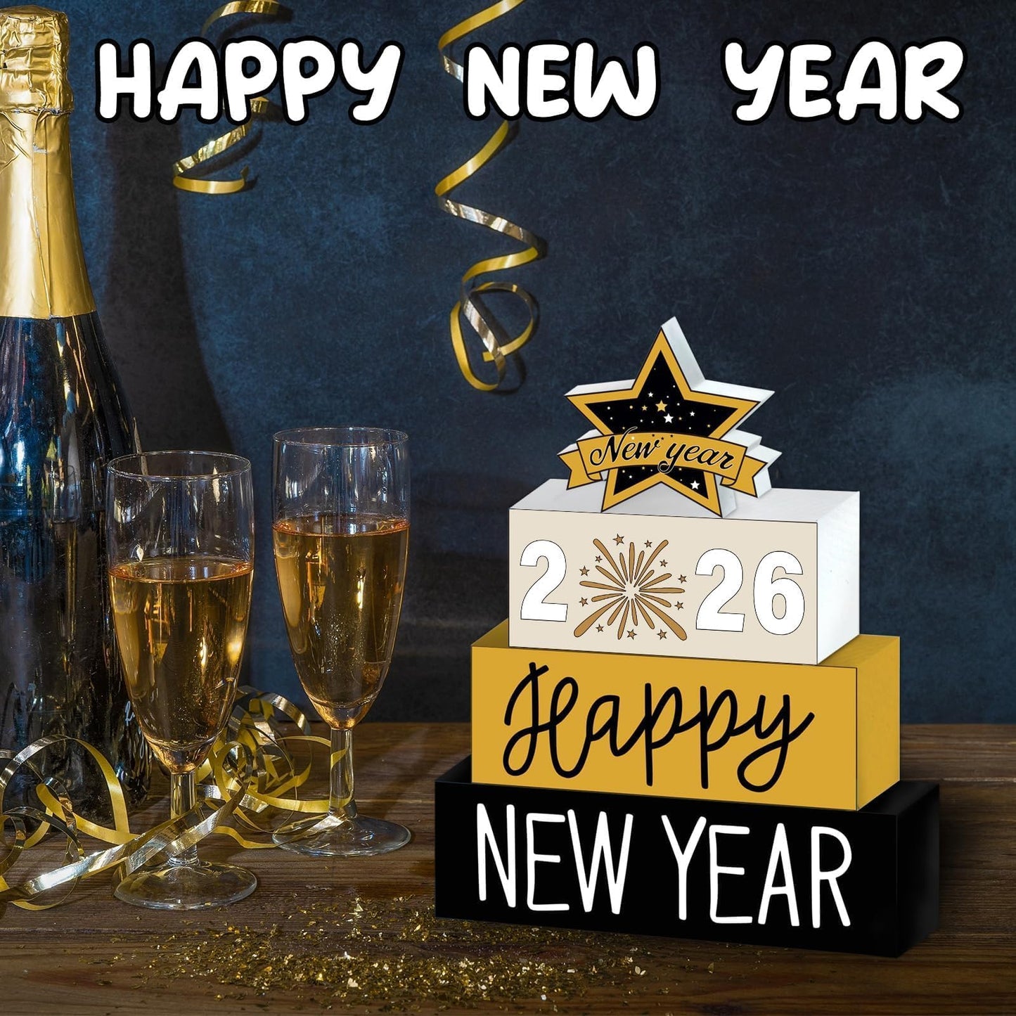 4 Pcs Wooden Happy New Year Tabletop Decor 2026 Wooden Block Signs Star Tabletop Decor Tiered Tray Rustic Table Centerpieces