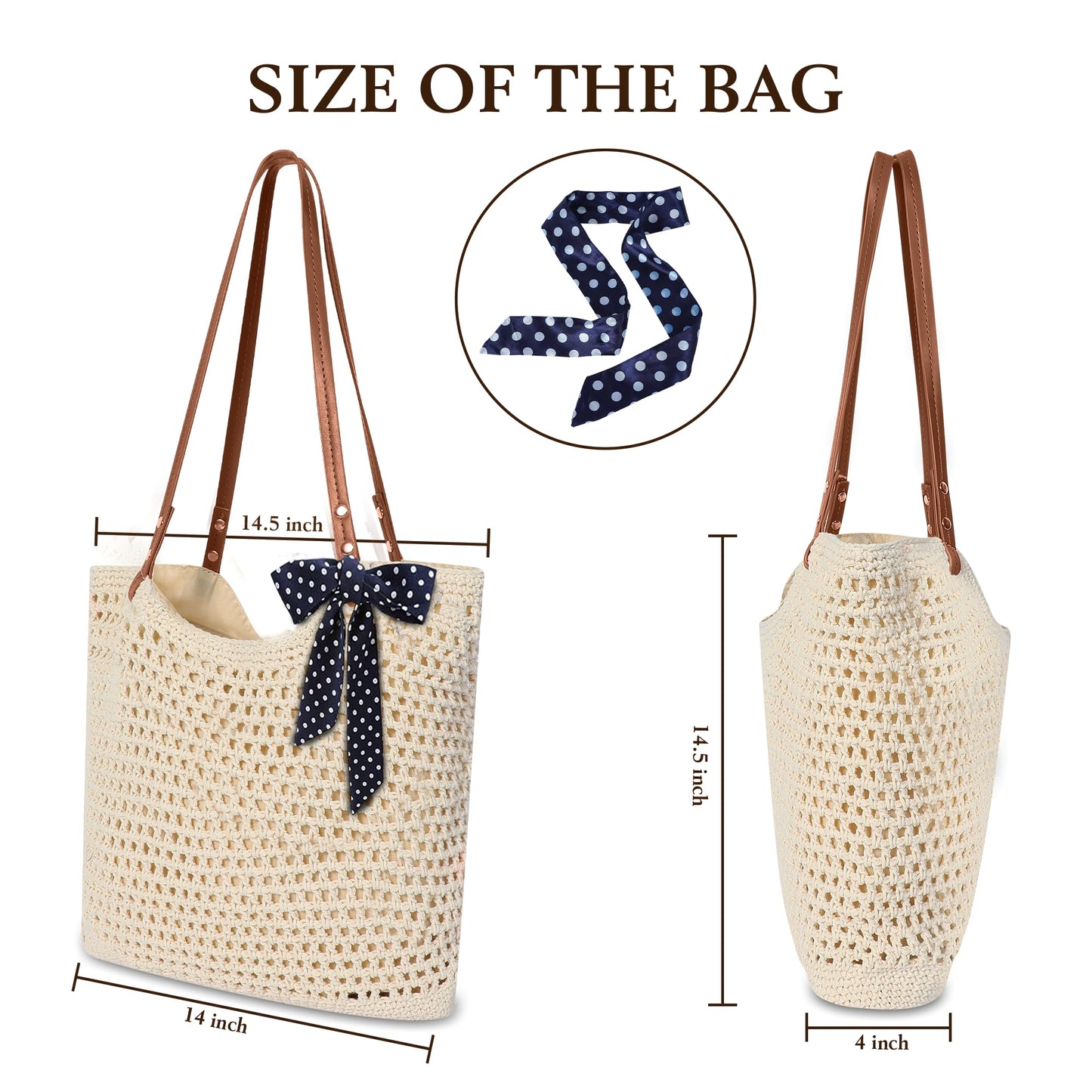 Crochet Mesh Beach Tote Bag, Large Woven Shoulder Bag with Leather Handles, Inner Pocket, Boho Summer Travel Purse for Women