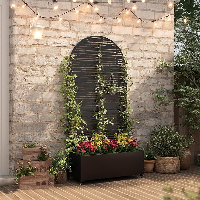 Metal Raised Garden Bed with Trellis & Wheels,72" x 35"x 15.7" Planter Box with Trellis,Privacy Planters for Patio,Garden Bed for Climbing Plants,Suitable for Climbing Plants and Vegetables,Black