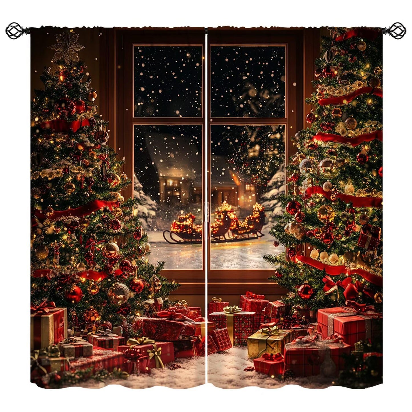 Merry Christmas Curtain Christmas Tree Gift Sled Winter Holidays Snowflake for Living Room Bedroom Decor Window Drapes 42" W X 45" L
