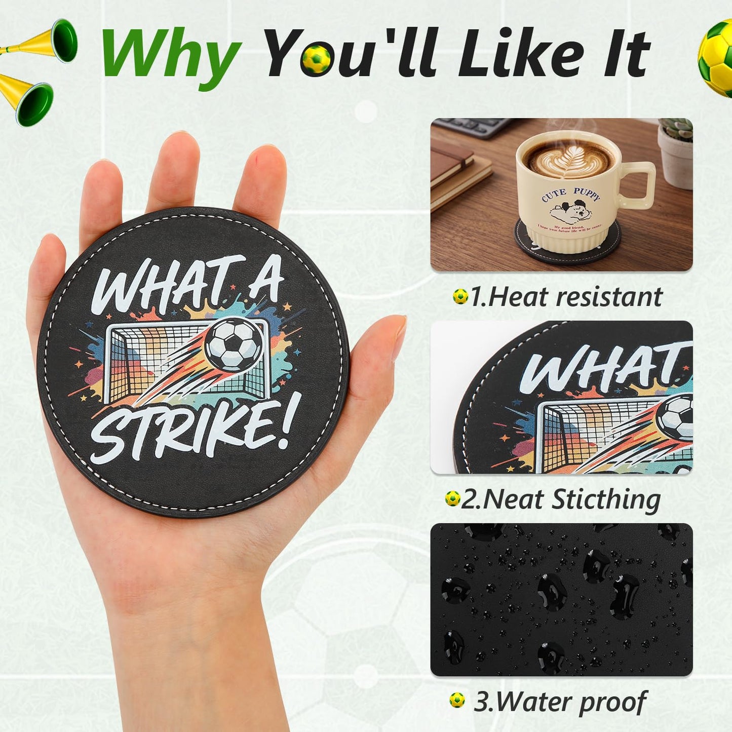 BEADJONE 6 Pack Soccer Coasters for Drinks Set, 3.9" Leather Football Coasters with Holder, Waterproof Tabletop Protection for Home Bar Watch Parties & Game Day Decor, Sports Fans Gifts