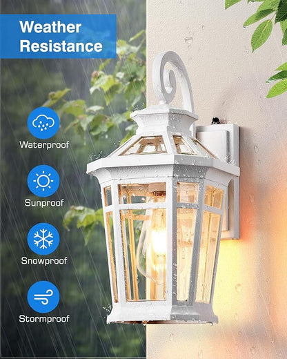 Outdoor Porch Lights, 2-pack White Outdoor Light Fixture Wall Mount, Dusk to Dawn Outdoor Sconce light, Anti-rust Exterior Wall Lantern with Glass Shade, Coach Lights for Garage, Patio, Balcony