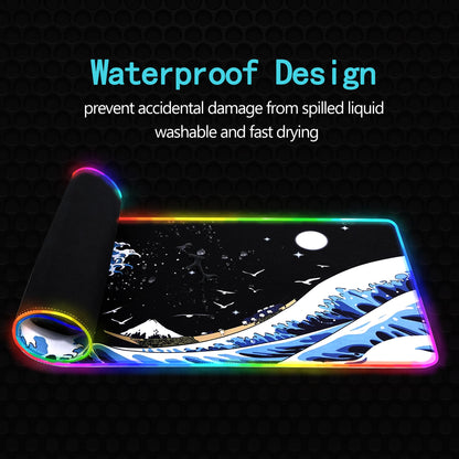 MEWOOCUE Gaming Laptop Mouse Pad,Sea Wave Big Mice Pads PC Keyboard Waterproof and Non-Slip 31.5 x 11.9 0.12" Thick XL,XXL Rubber Table Mat, RGB Led with 10 Lighting Modes+9 Color Changing Modes Mat