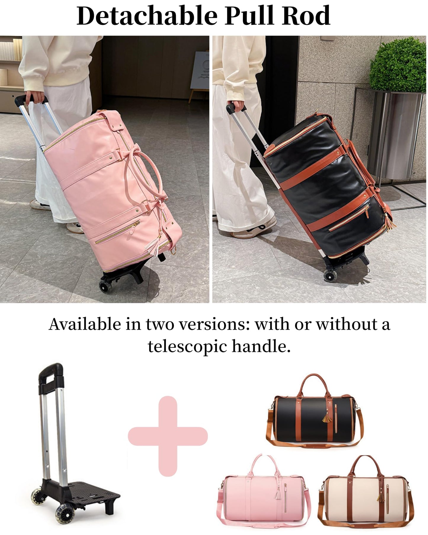 Garment Duffle Bag for Travel, 2-in-1 Garment Bags Carry On Hanging Suit Bag, Foldable PU Leather No Wrinkle Dress Bag for Women & Men, Weekender Overnight Business Trip Pink