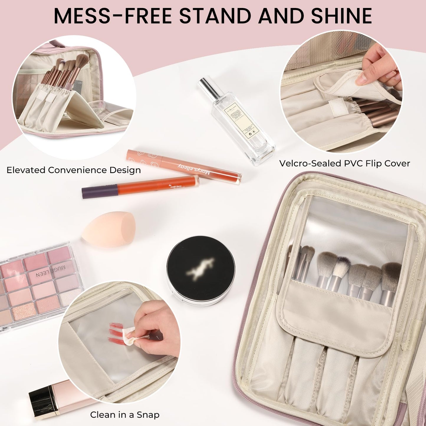 Travel Makeup Bag Women's Large Capacity Cosmetic Portable Organizer Large Opening Waterproof Storage Toiletry Bags Vertical Free-Standing Brush Holder for Easy Access Pink