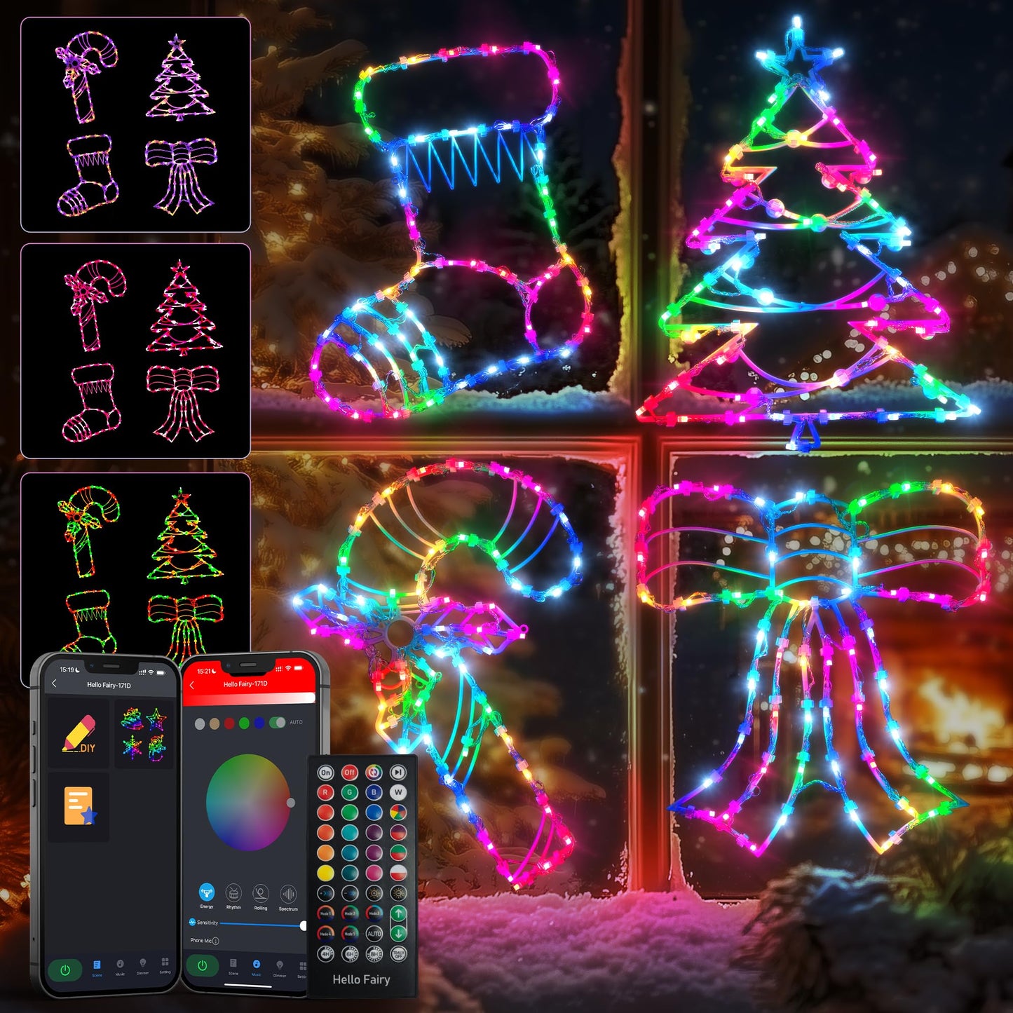 4 Pack Smart Christmas Window Lights, Christmas Window Silhouette Lights, Christmas decorations indoor,Custom & Preset Modes,APP Control Candy Cane,Christmas Tree,Bow,Christmas Stocking for Door Glass