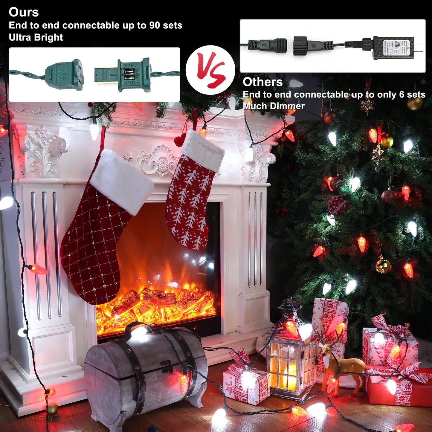 ODEETRONIC C9 Christmas Lights - 33ft 50 LED Red & White Christmas Tree Lights Connectable, 120V UL Certified Plugin Indoor C9 String Light, Valentines Day String Light for Xmas Wedding Party Decor