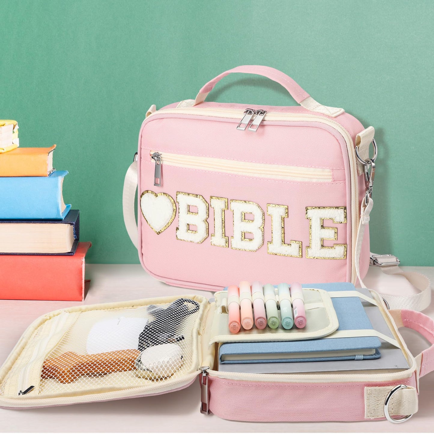 Silkfly Pink Bible Cover Case for Women Preppy Large Chenille Letter Church Bag with Shoulder Strap and Handle Waterproof Christian Tote Bag for Bible Study Accessories Christian Easter Gifts