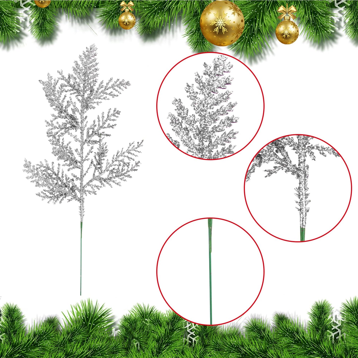Watayo 45 Pcs Glitter Artificial Pine Needles- 10.6" Fake Foliage Pine Stems Picks- Silver Leaves Artificial Flowers Picks for Christmas DIY Garland Wreath Home Garden Decoration