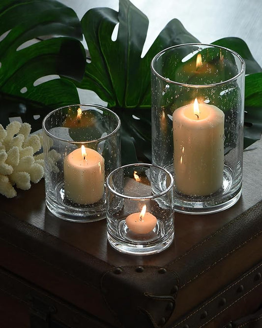 ARIAMOTION Hurricane Glass Candle Holders Set, Pillar Votive,Clear Seeded Bubbles Cylinder Vase,Modern Rustic Table Centerpieces Bulk, 3 Sizes 8 Inch 5 Inch 3.5 Inch Height