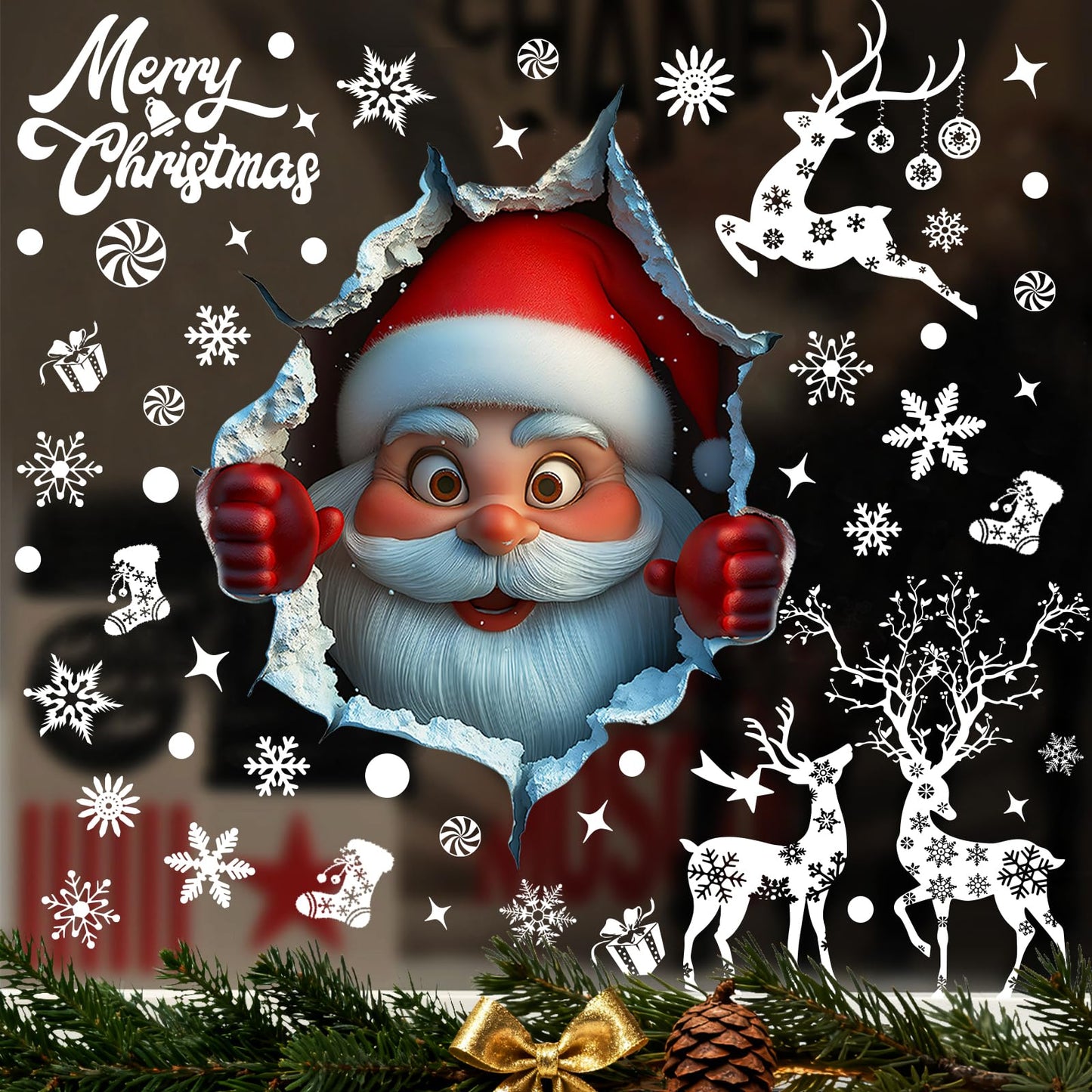 178Pcs Large Christmas Window Clings for Glass, Xmas Snowflake Cling Winter Stickers Reusable Double-Sided Outdoor Window Christmas Decoration for Santa Claus Reindeer Peppermint Decals Holiday Decor