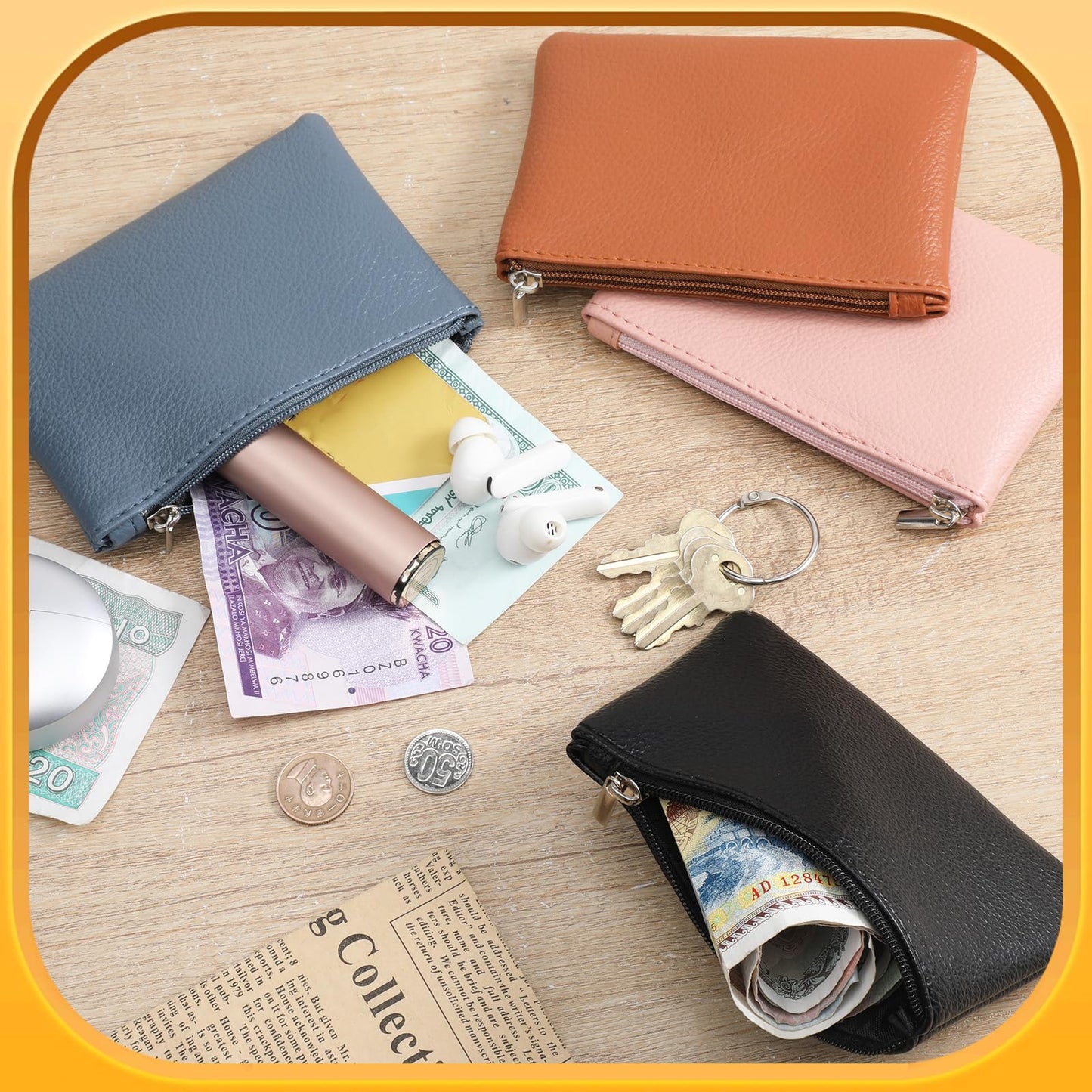 4 Pcs Small Coin Purse, Leather Change Purse with Zipper, Small Coin Purses Wallet Pouch Portable Coins Bag Change Purses for Men Women, Coins, Key