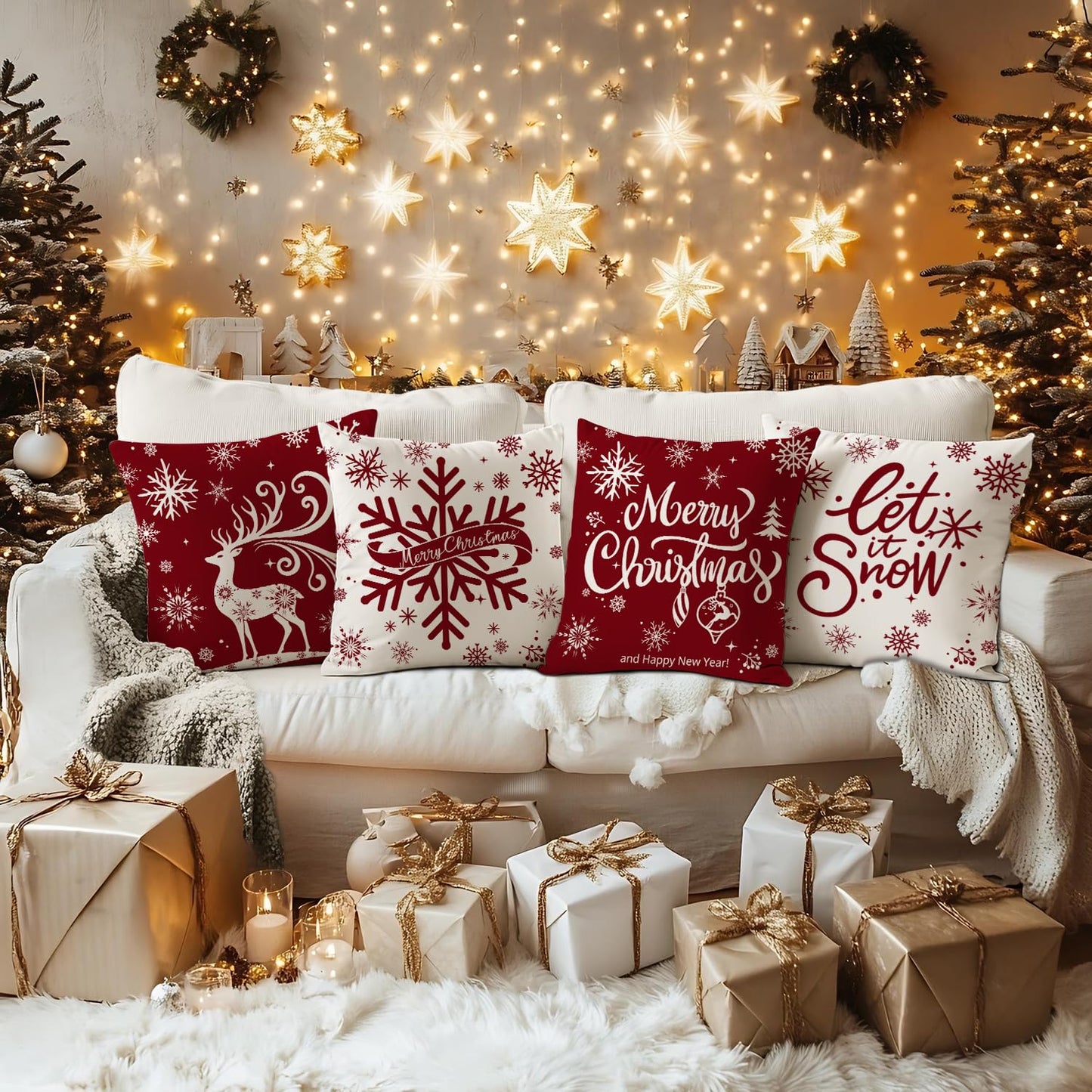 Artmag Merry Christmas Throw Pillow Covers 16x16 inch Snowflakes Let it Snow Moose Winter Holiday Red Cushion Case for Coach Sofa Decorations Set of 4