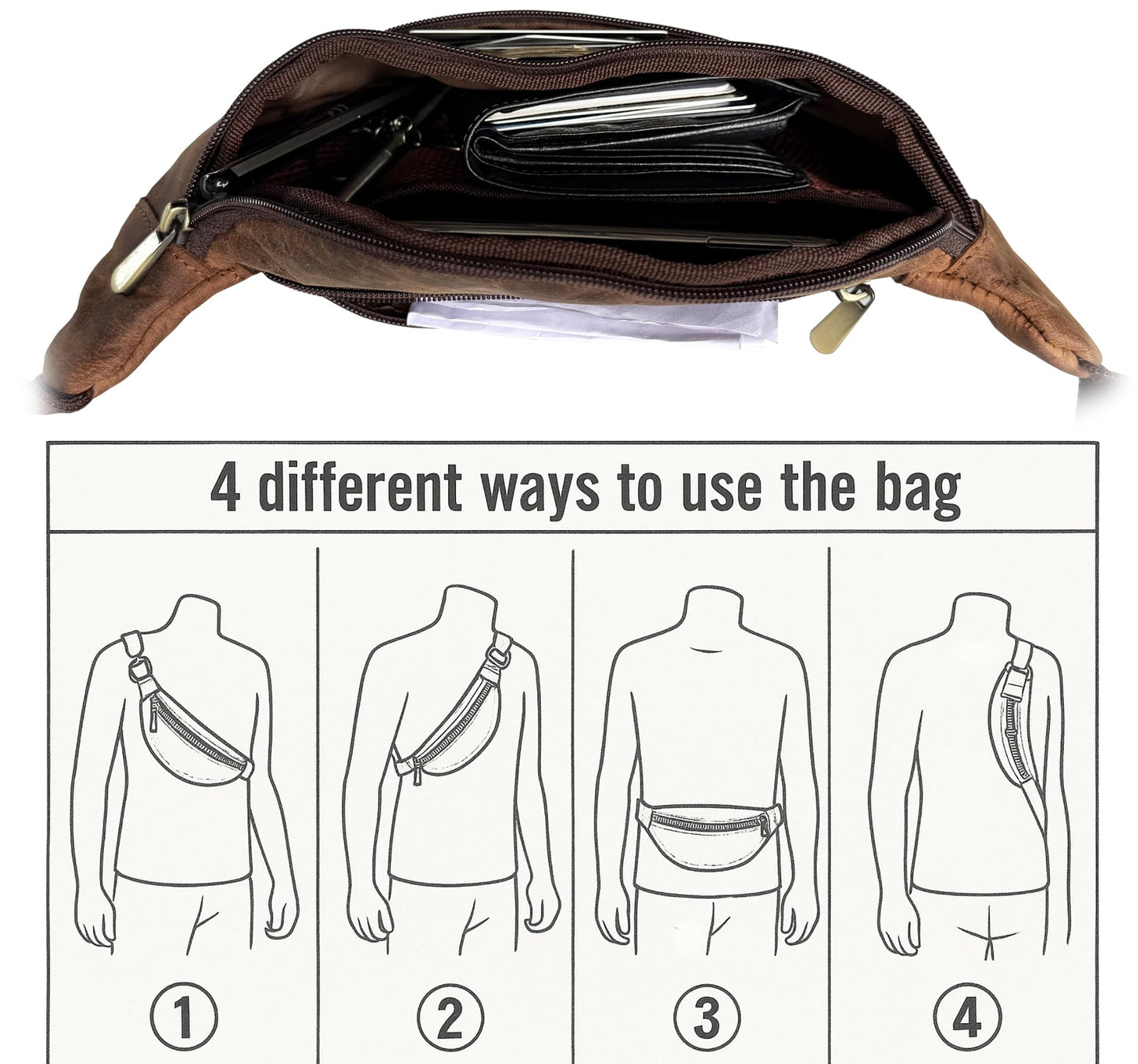 Leather Waist Pack for Men & Women - Full Grain Leather Fanny Bag, Adjustable Sling Purse & Chest Belt Bag - Multifunction Hip Bum Bag, Travel Pouch for Hiking Running & Cycling