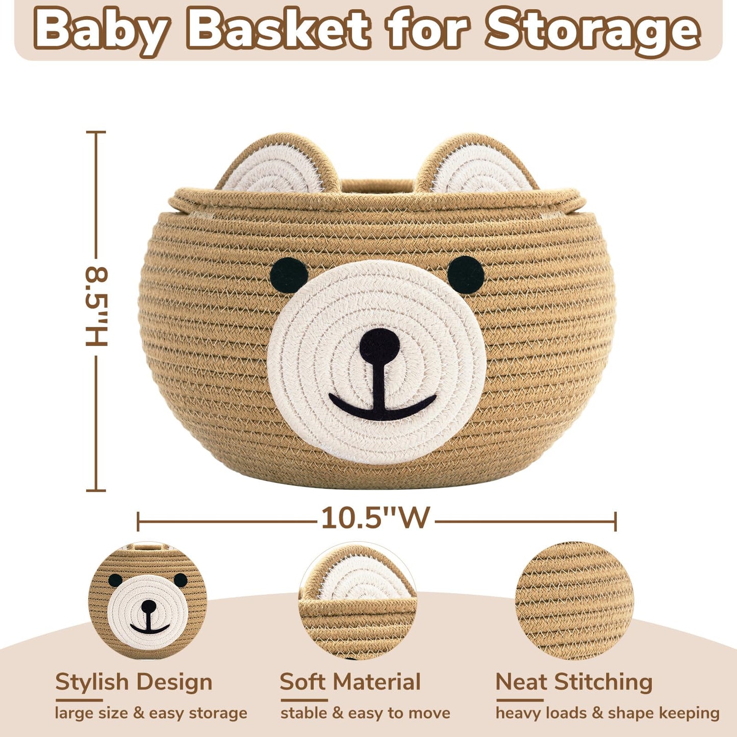 CherryNow Cotton Rope Baby Basket for Nursery, Bear Gift Baskets for Kids, Empty Baby Shower Basket with Handles, Small Cute Animal Baskets, Brown, 10.5"D x 8.5"H