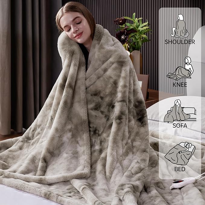 Guohaoi Heated Blanket Electric Throw, Soft Faux Rabbit Fur Electric Blanket with 10 Heating Levels 5 Sitting Timer Auto Off, Cozy Warm Heating Blankets, Machine Washable(84"×90" Light Grey)