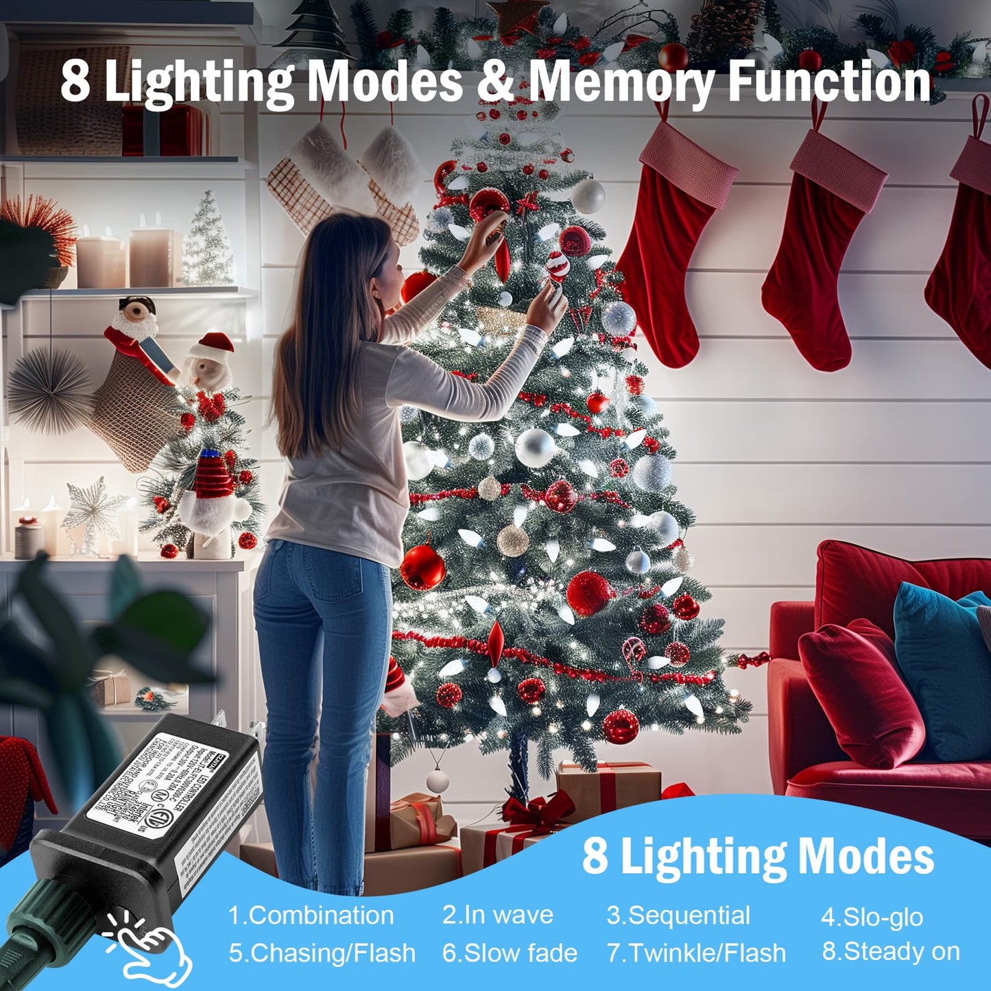 Minetom C9 LED Christmas Lights Outdoor, 81FT 100 LED C9 String Lights, Waterproof, Connectable, 8 Modes, with Timer & Memory Function for Tree Home Yard Party Indoor Outside, Cool White