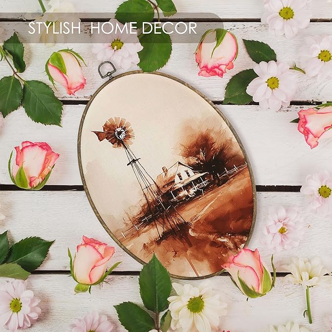 Fewgb Vintage Farmhouse Windmill Barn Oval Wall Art Decor Framed, Rustic Fall Country Canvas Wall Art Prints Picture, Cottagecore Hanging Room Decor Artwork for Kitchen Bedroom Bathroom Gallery 9x12