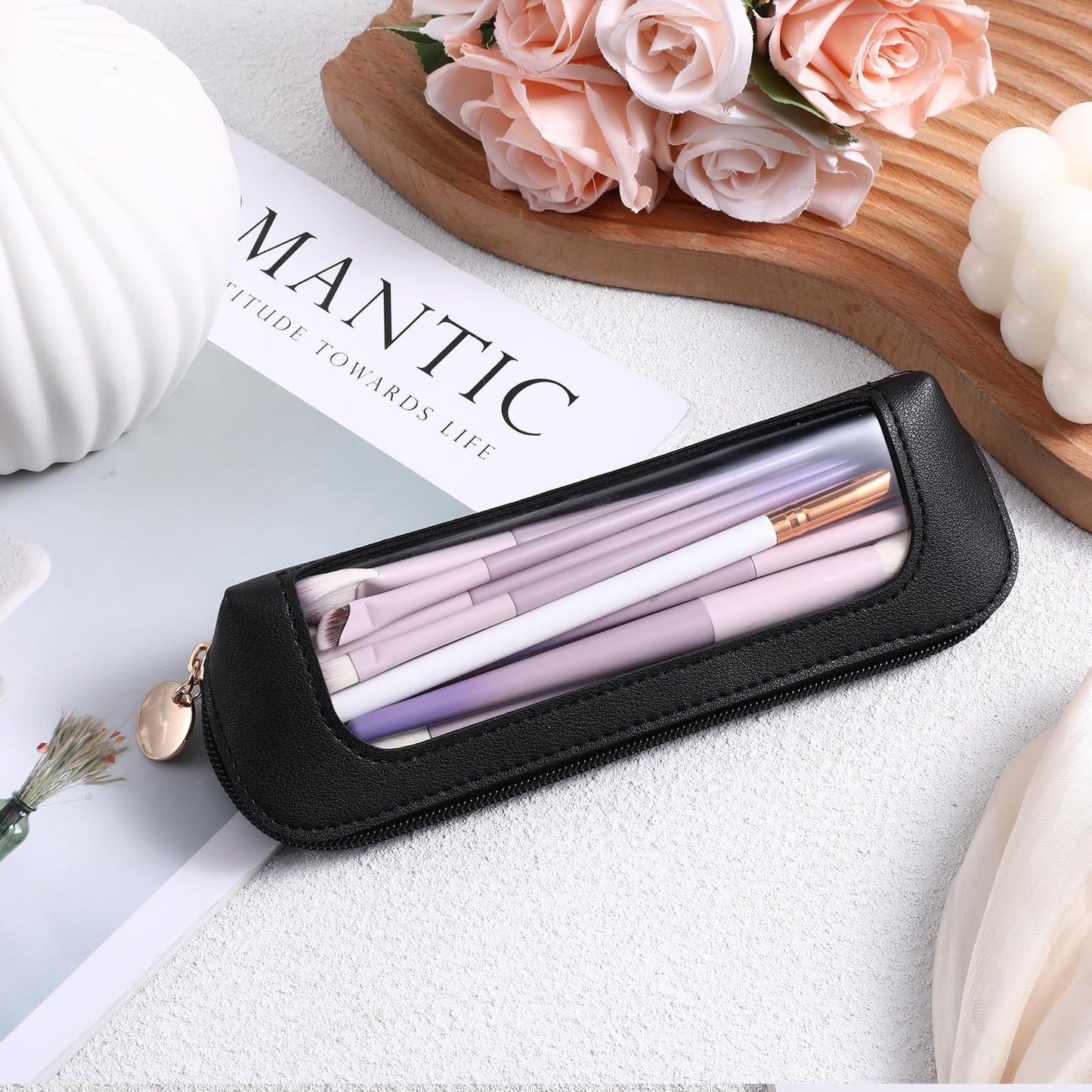 Psyqtsuary Clear Makeup Bag, PU Leather Mini Makeup Pouch Portable Makeup Brush Case Transparent Waterproof Cosmetic Organizer Pouch with Zipper for Women Home Travel Office Makeup Storage (Black)