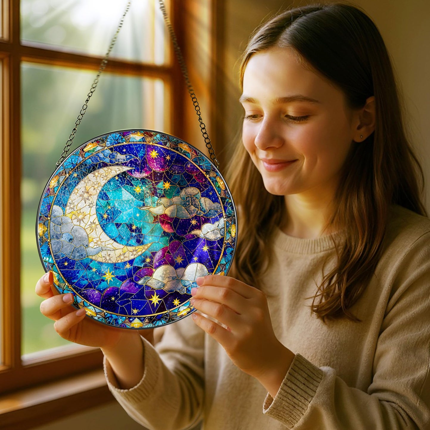 8-Inch Moon and Star Stained Glass Ornament, Stained Glass Window Hanging, Window Hanging Decor Suncatcher, Night Sky Ornament | Holiday, Mother’s Day, Housewarming | Gifts for Friend & Family