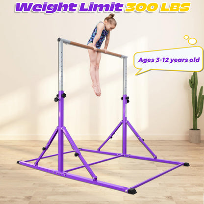 PreGymnastic Foldable Gymnastics Bar, 5.6FT Folding Horizontal Bars for Kids Ages 3-12, Weight Limit 350 LB, Adjustable kip Bar,Children Home Gym Equipment Indoor(Foldable Bar with Mat, Violet-Mat)