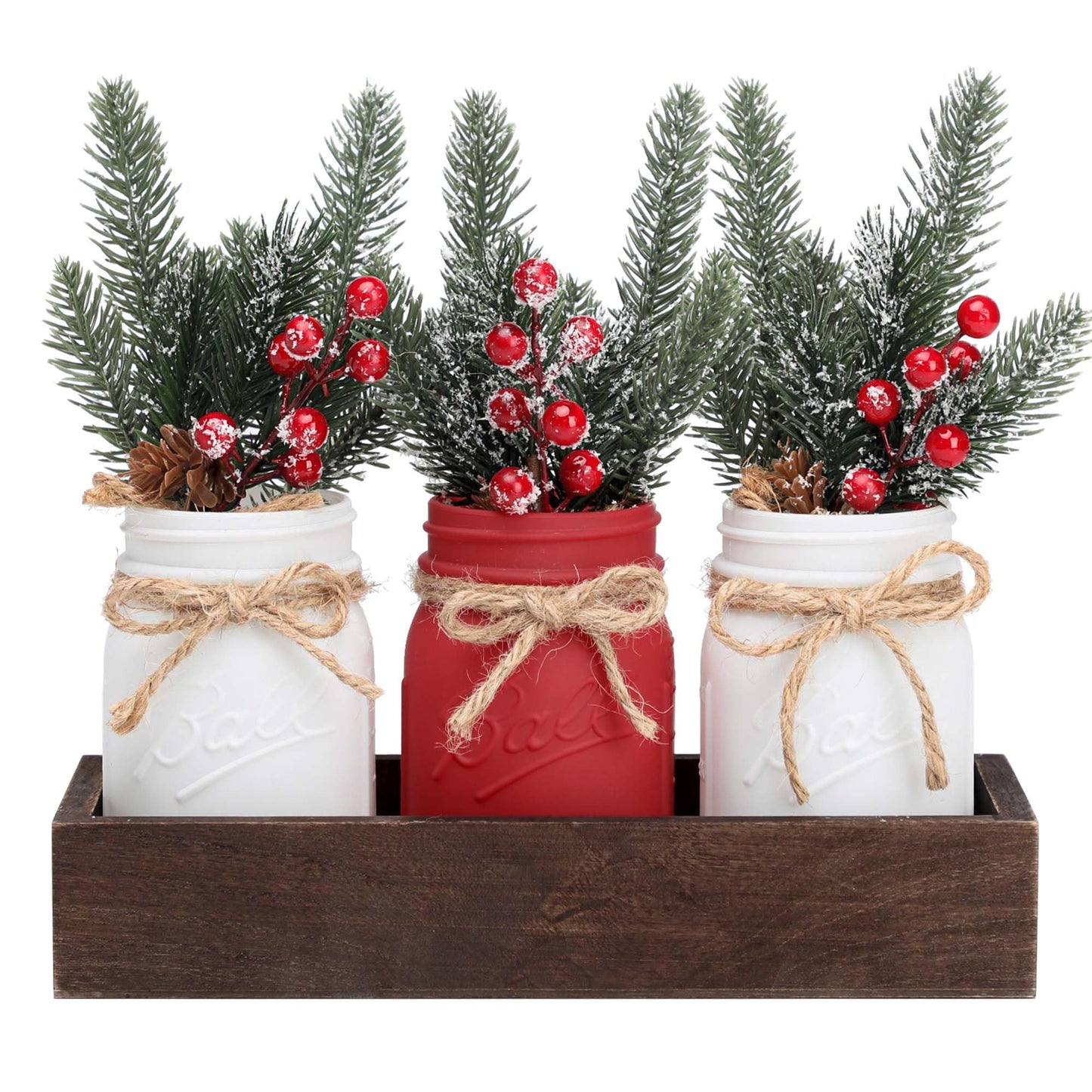Christmas Mason Jars, Christmas Centerpieces for Tables, Wood Tray & 3 Painted Decorative Jars, Xmas Table Centerpieces Decoration, Farmhouse Dining Table Kitchen Decorations Home Decor