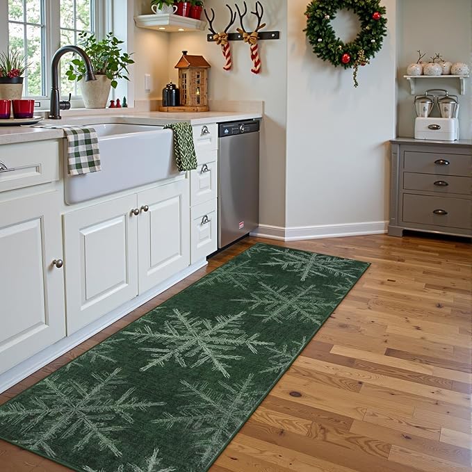 Lahome Snowflake Christmas Runner Rug, 2x6 Christmas Rug Runners for Hallways Soft Non Slip Kitchen Washable Runner Holiday Decor Ultra-Thin Carpet Runner for Bedroom Laundry(2x6ft,Green)