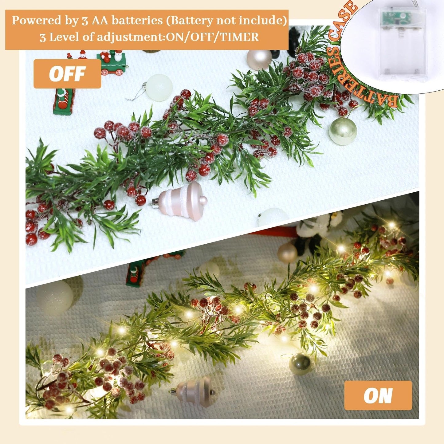 Christmas Garland with Light,Lighted Snowy Red Berries Holly Leaves Garland for Fireplace Mantle Indoor Outdoor Christmas Decoration 6.5FT Pre-lit Battery Operated Xmas String Lights 1 Pack