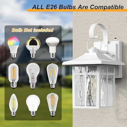 2 Pack Outdoor Dusk to Dawn Wall Lights, Outdoor Light Fixtures Wall Mount with Ripple Glass, Modern White Porch Lights, Aluminum Outoor Sconce Light for Entryway, Garage, Patio