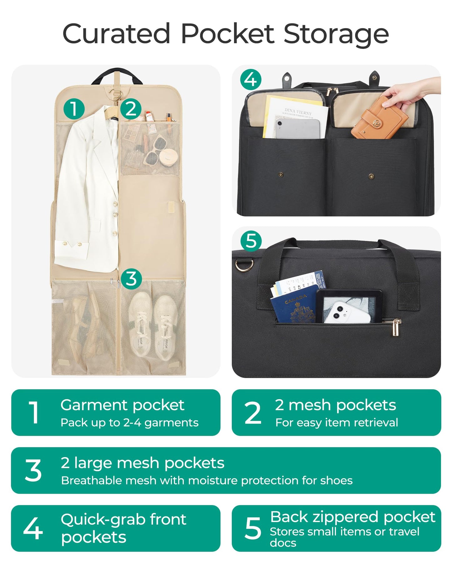 BAGSMART Large Garment Bags for Travel, Carry on Garment Bags for Hanging Clothes, Travel Suit Bag for Shirts Dresses Coats, Beige