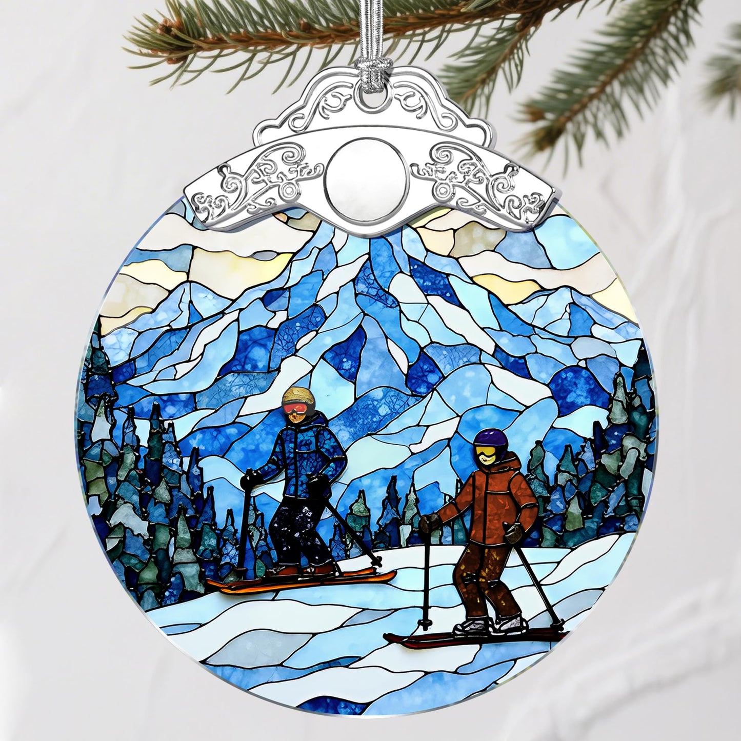 Stained Glass Skiing Christmas Ornament: Christmas Tree Ornaments & Decor, Holiday Decor – Holiday Presents, Gift Ideas & Gifts for Friends, Coworker, and Family