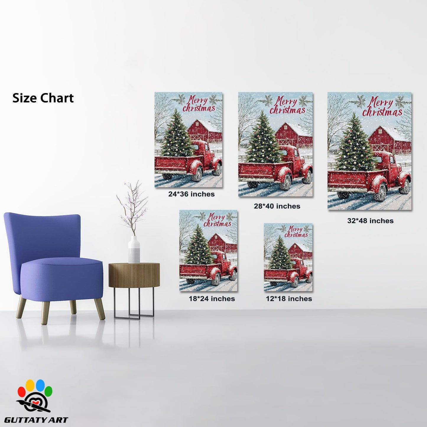 GUTTATY Christmas Canvas Wall Art, Christmas Tree Truck Wall Decor, Merry Christmas Sign Xmas Artworks, Barn House Wall Pictures, Winter Snow Scene Christmas Posters for Living Room 18x24 Inch