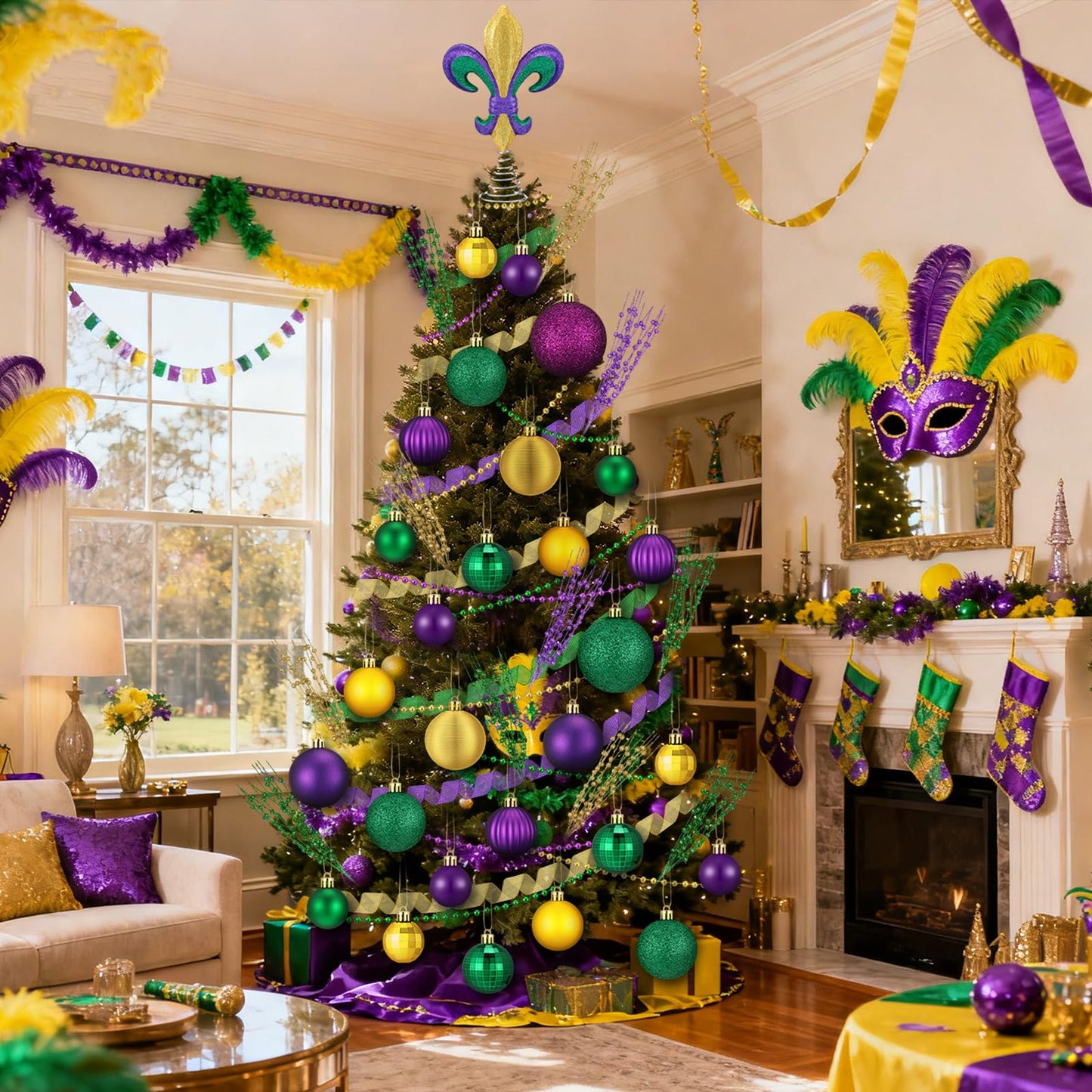 Vertintong 69 Pcs Mardi Gras Decorations Set Mardi Gras Tree Decor Bulk Purple Yellow Green Ball Ornament Fleur-de-lis Wired Berry Stems Beads Ribbon for Xmas Holiday Party Tree Ornaments