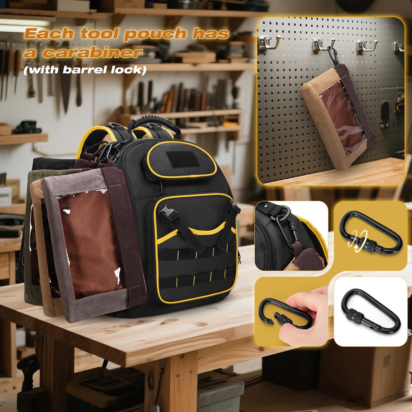 Marscamd 4 Pack Heavy Duty Tool Pouch with Carabiner, 12” Canvas Tool Pouch Bag with Clear Window (4 Colors: Black, Gray, Green, Khaki)