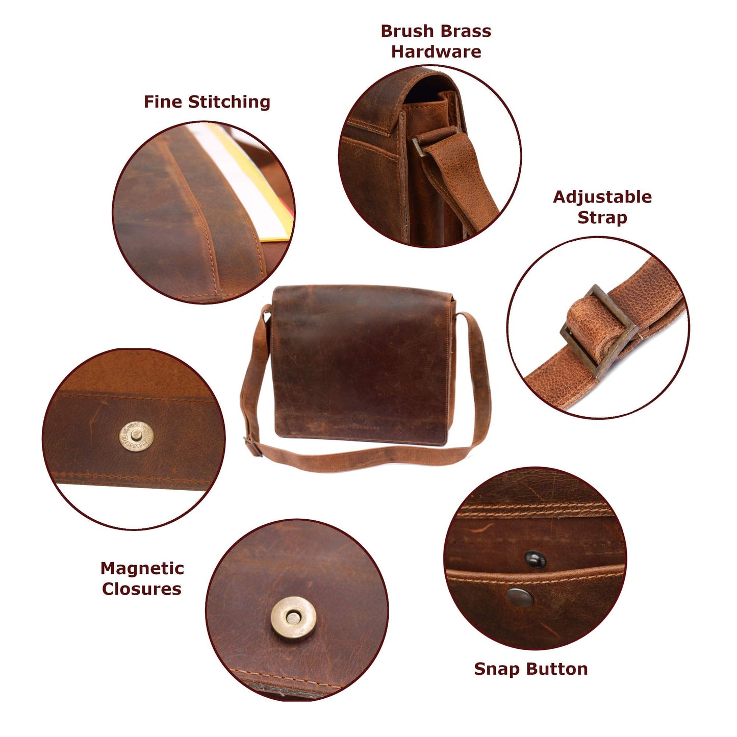L LEATHERESQUE Chelsea Handmade Genuine Leather Crossbody Laptop Messenger Shoulder Bag 14 inch Satchel for Men and Women Crazy Horse Distressed Vintage Brown