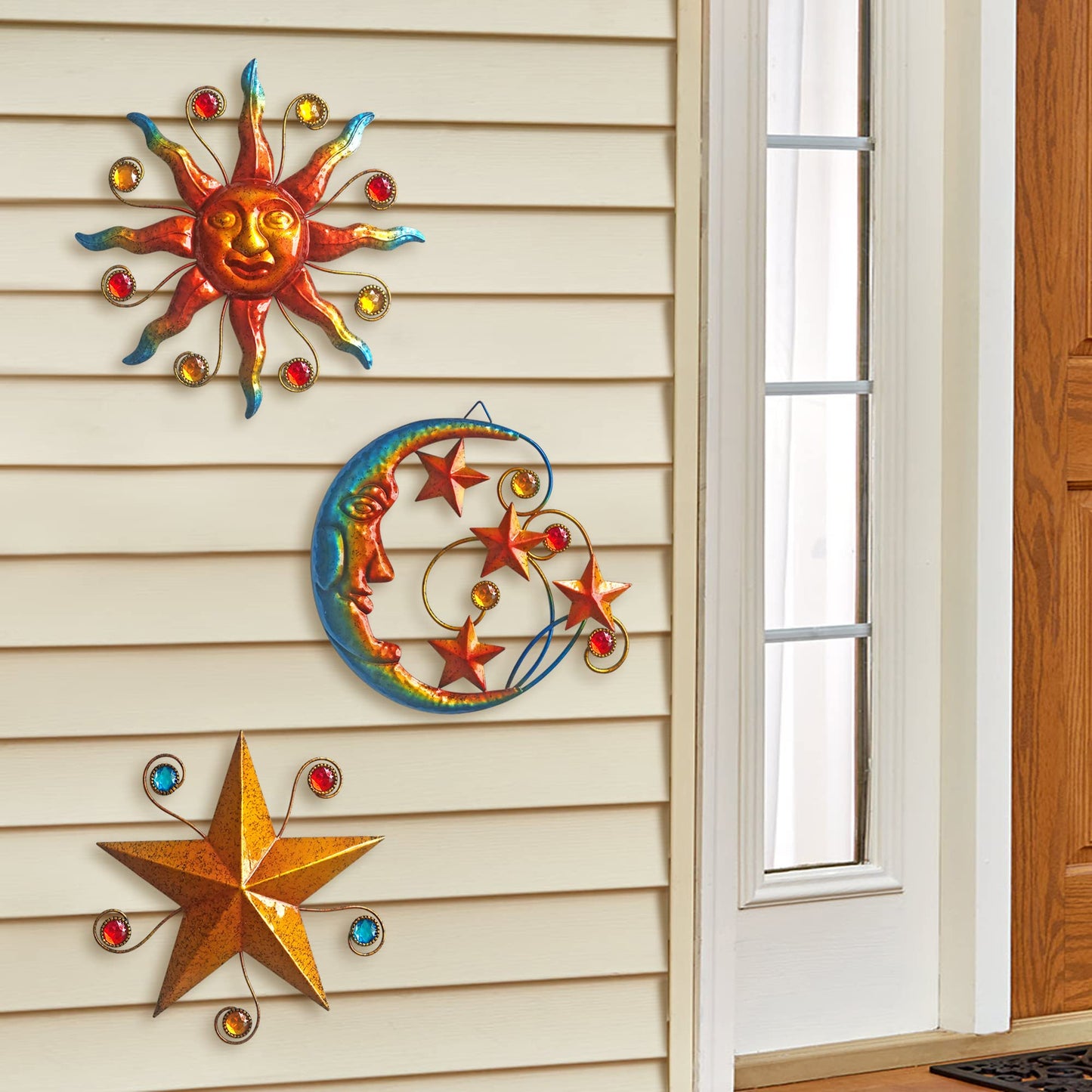 Limygus Set of 3 Celestial Sun Moon Star Metal Silhouette Wall Art, Waterproof Hanging Decor for Home Bedroom Bathroom Office