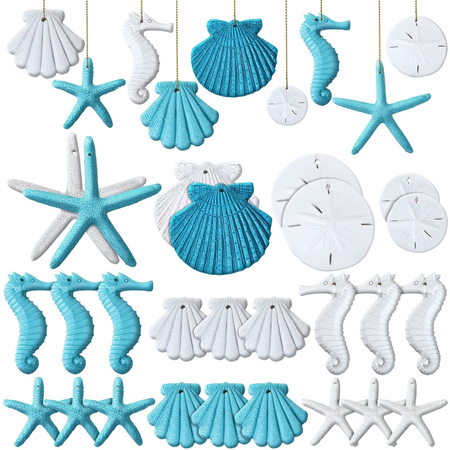 Jetec 26 Pcs Beach Ocean Themed Summer Ornaments Bulk Resin Starfish Seashell Decorative Nautical Coastal Summer Ornaments for Tree Home Bathroom Decorations