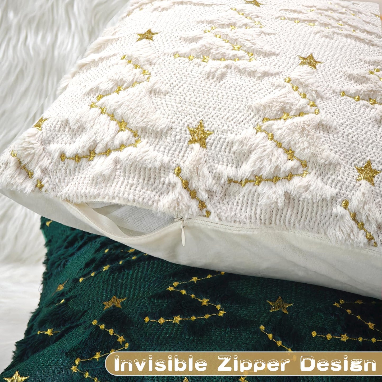 YIOTJUNL Christmas Pillow Covers 18x18 Set of 2 Soft Plush Embroidered Cushion Covers Decorative Gold Star Beige Christmas Tree Throw Pillow Cases Decorations for Winter Holiday Sofa Home Decor
