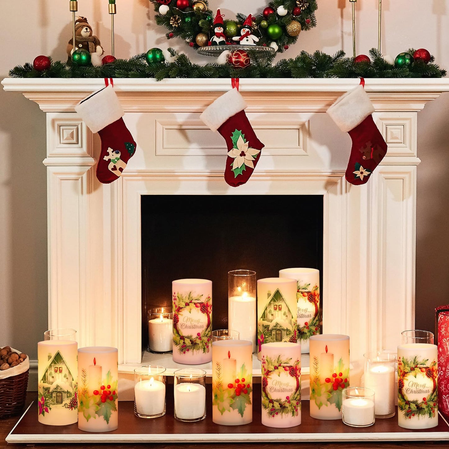 Retisee 3 Pcs Farmhouse Christmas Flameless Candles with Remote Rustic Christmas Battery Operated LED Candles Farmhouse Xmas Decor for Rustic Xmas Holiday Dining Table Bedroom Living Room