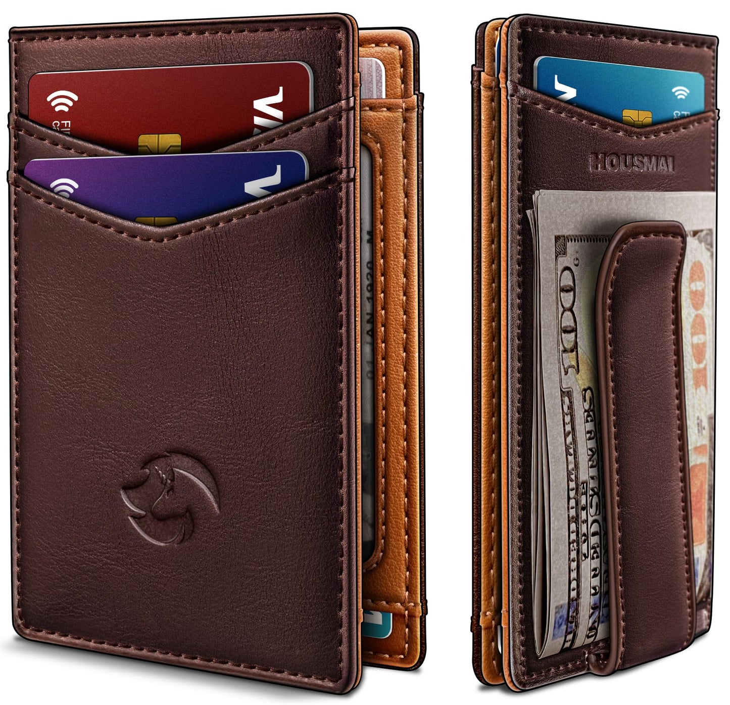 Housmai Magnetic Closure Slim Wallet for Men with Money Clip Gift Boxed,Genuine Leather Front Pocket Wallet, 3.9"x 2.7", RFID Blocking