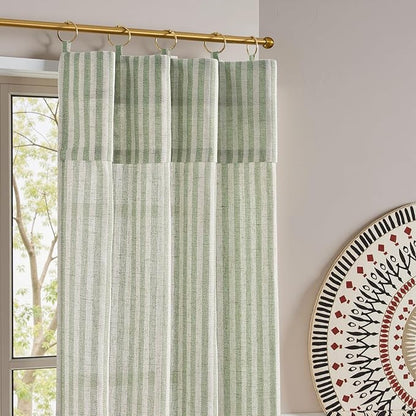 jinchan Striped Linen Kitchen Curtains with Attached Valance 24 Inch Length Cafe Tier Curtains for Living Room Rustic Half Window Light Filtering Rod Pocket Small Drapes 2 Panels Green