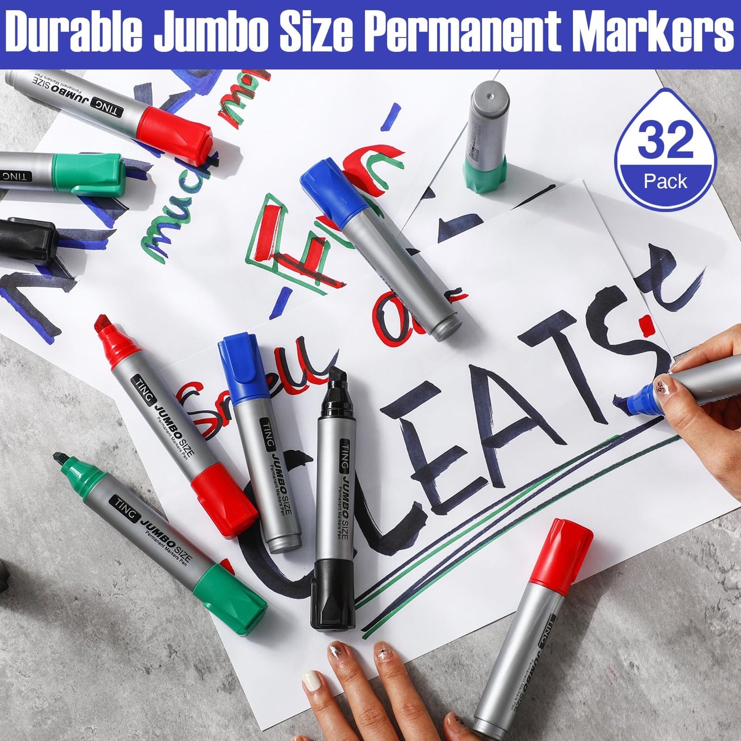 Fuutreo 32 Pcs Jumbo Permanent Markers Bulk Large Chisel Tip Permanent Markers Waterproof Jumbo Pens Quick Drying Office Supplies(Black, Green, Blue, Red)