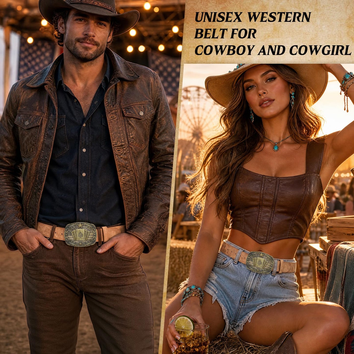 SANSTHS Cowboy Belts for Men Women - Western Belt and Buckle, PU-Leather Rodeo Cowgirl Belt for Jeans, Brown poker 1.5"