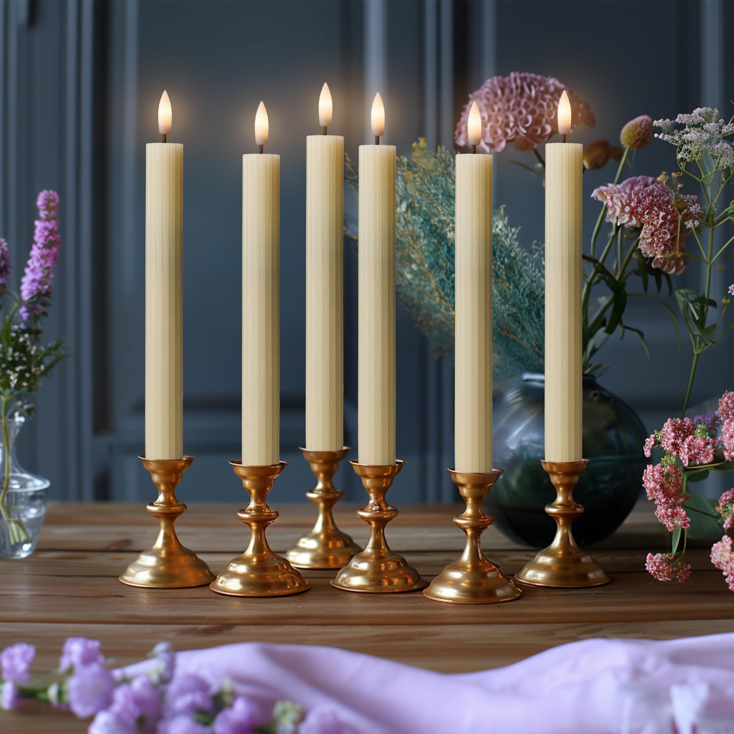 West Ivory 12 Pack, 10" LED Flameless Ivory Fluted Ribbed Grooved Taper Candles with 2 Remotes & 24h Timer Memory, On/Off Button, Dimmable, Flicker Mode, Battery Operated, Christmas Menorah Wedding