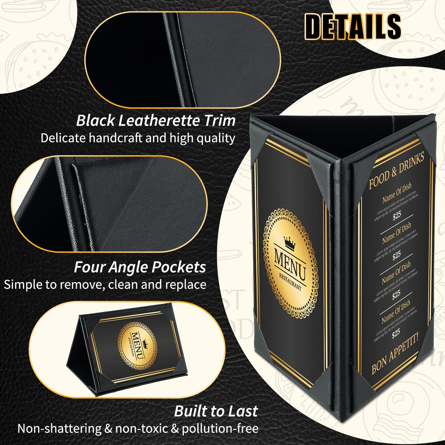 FLKQC Table Tent Triangle Menu Holders 4" x 6", 2 Pack 3-Side Leatherette Picture Frames, Menu Cover with Angled Corners for Restaurant, Bar, Cafe, Wedding, Durable Menu Folders