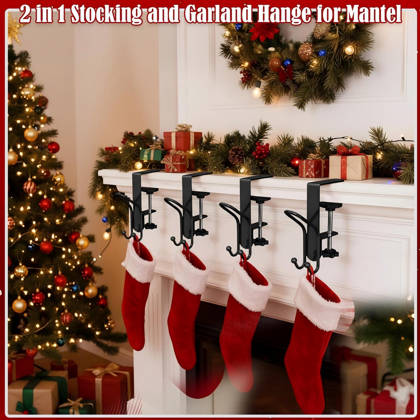 TGLIFEVER Fireplace Stocking and Garland Hanger with Double Hooks, 2 in 1 Mantel Hangers for Garland, Heavy Duty No Drill Christmas Stocking Holder for Party Home Decoration
