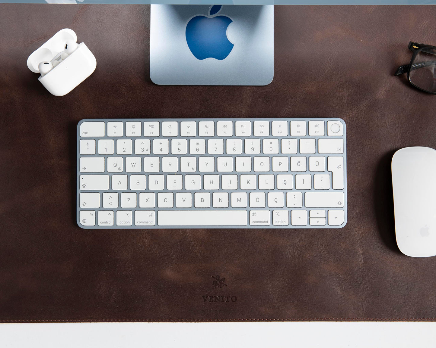 VENITO Leather 3-in-1 Desk Mat Set – Desk Mat (32"x16"), Organizer Tray & Cup Coaster – Full-Grain Leather Desk Pad for Office & Home – Elegant Workspace Accessories for Men & Women, Brown