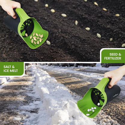 Garden Guru Handheld Seed Spreader Shaker – Multi Use Grass Seed, Fertilizer, Salt, Ice & Snow Melt Spreader – Adjustable Twist Cap w Multiple Size Openings – Lightweight 1L Capacity Hand Seeder