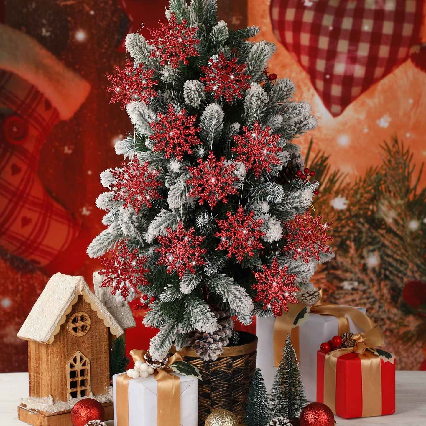 Vertintong 48 Pcs Burgundy Glitter Snowflake Ornaments Winter Tree Hanging Plastic Glitter Snowflake Ornaments Decorations for Xmas Winter Home Garland Holiday Decoration